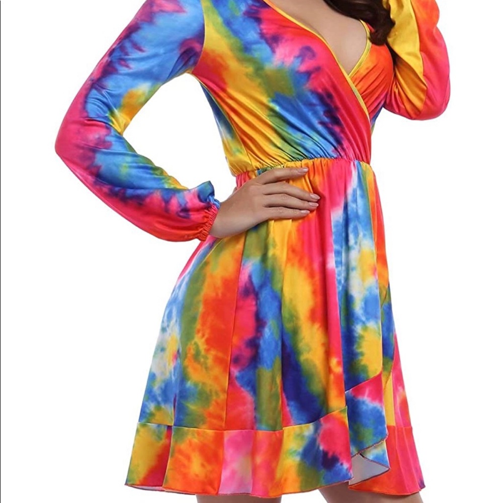 Deep V Neck Waist Skater Dress Long Sleeve Dress